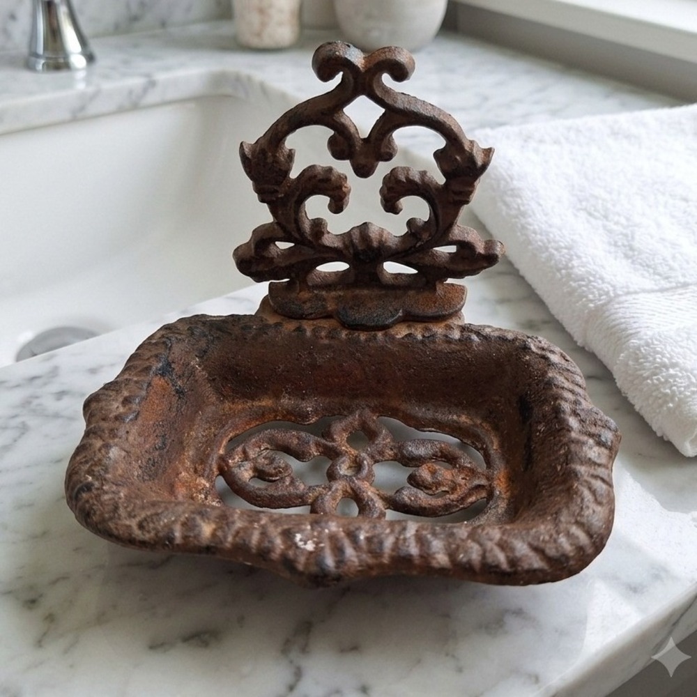 Vintage Cast Iron Soap Dish Ornate Scroll Rustic Farmhouse Brown Primitive